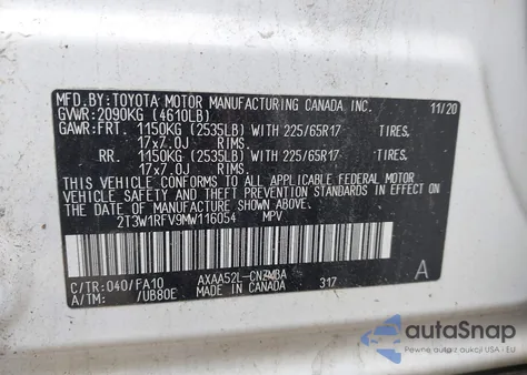 2021 Toyota Rav4 Xle z USA, uszkodzony, nr VIN 2T3W1RFV9MW116054